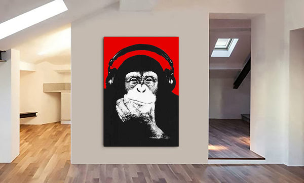 DJ Monkey Chimp Headphones Thinker Banksy Style Red - Canvas Wall Art Framed Print - Various Sizes