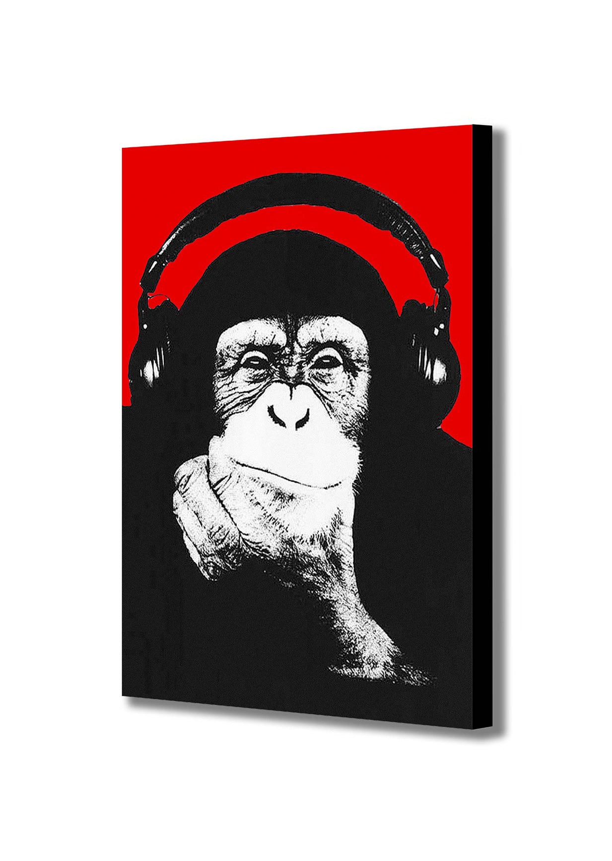 DJ Monkey Chimp Headphones Thinker Banksy Style Red - Canvas Wall Art Framed Print - Various Sizes