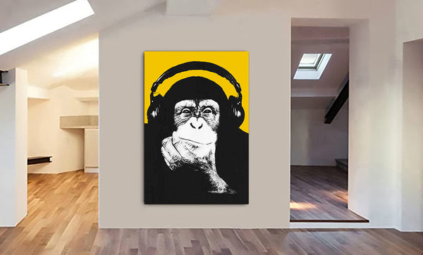 DJ Monkey Chimp Headphones Thinker Banksy Style Yellow - Canvas Wall Art Framed Print - Various Sizes