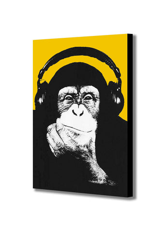 DJ Monkey Chimp Headphones Thinker Banksy Style Yellow - Canvas Wall Art Framed Print - Various Sizes