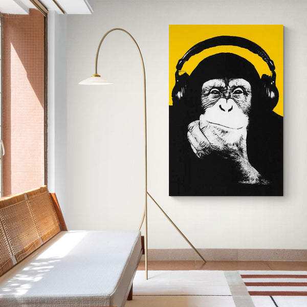 DJ Monkey Chimp Headphones Thinker Banksy Style Yellow - Canvas Wall Art Framed Print - Various Sizes