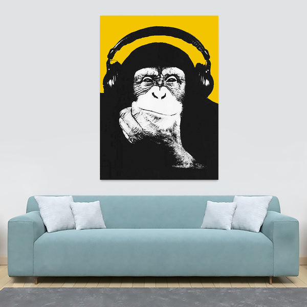 DJ Monkey Chimp Headphones Thinker Banksy Style Yellow - Canvas Wall Art Framed Print - Various Sizes