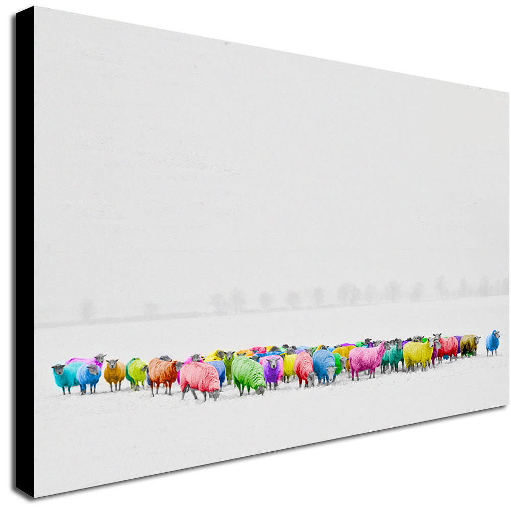 Multicoloured Sheep - Snow Landscape - Canvas Wall Art Framed Print - Various Sizes