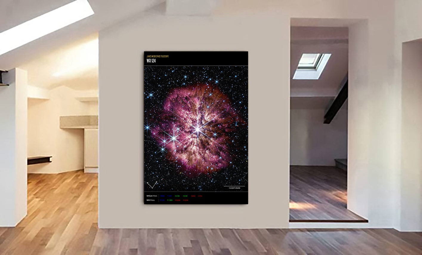 NASA James Webb Telescope Wolf-Rayet Star (NIRCam and MIRI Compass) - Wall Art - Canvas Wall Art Framed Print - Various Sizes
