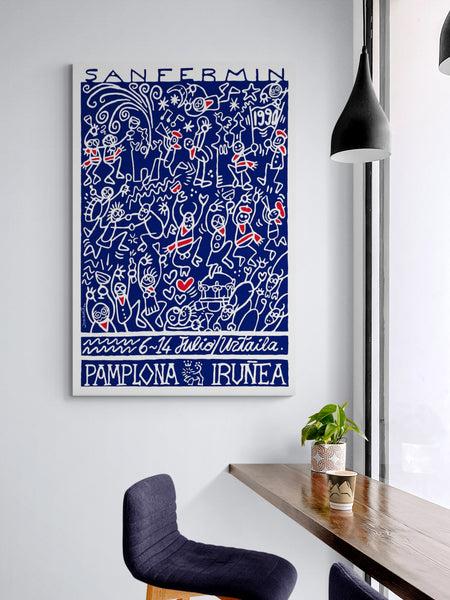Pamplona - Spain Running With of The Bulls Illustration Art - Canvas Wall Art Framed Print - Various Sizes