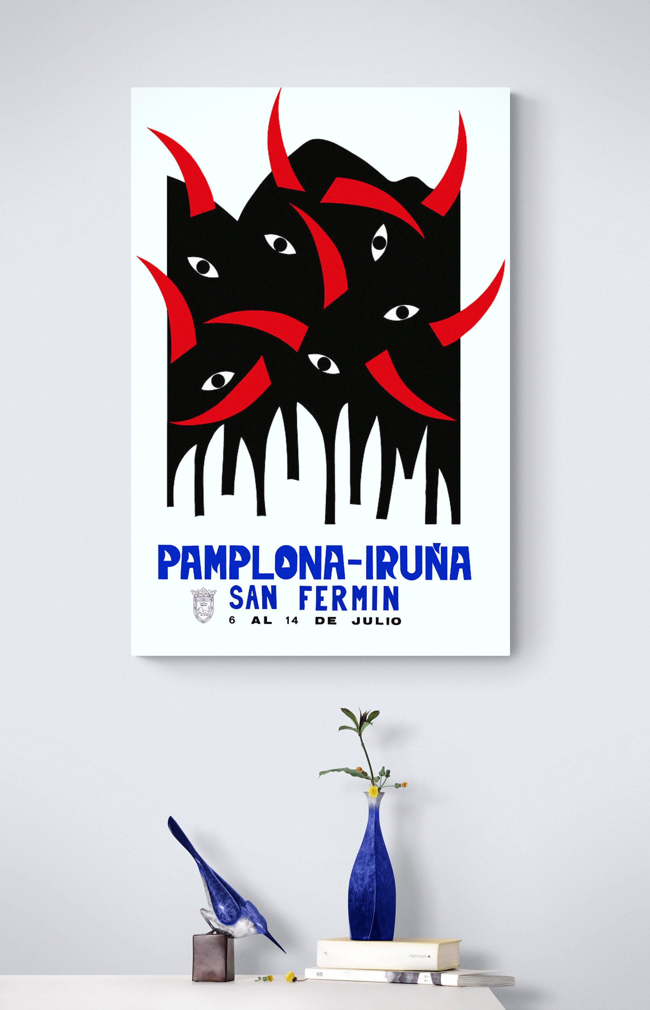 Pamplona Bull Run - Vintage Spanish Illustration Wall Art - Canvas Wall Art Framed Print - Various Sizes