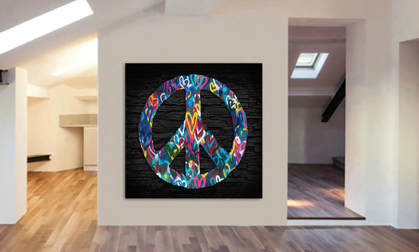 Peace Sign - Love Hearts Graffiti - Framed Canvas Wall Art Print - Various Sizes