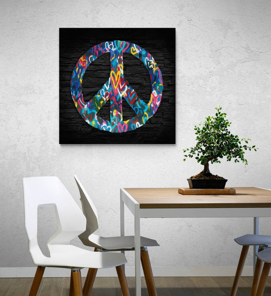 Peace Sign - Love Hearts Graffiti - Framed Canvas Wall Art Print - Various Sizes