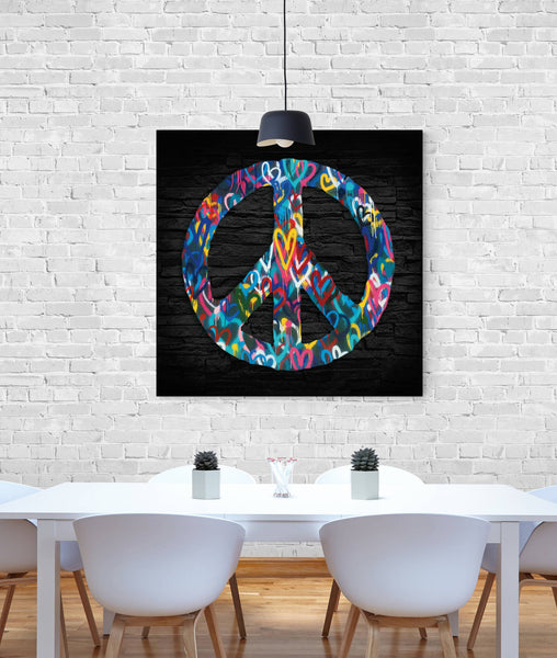 Peace Sign - Love Hearts Graffiti - Framed Canvas Wall Art Print - Various Sizes