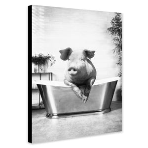 Pig In Bath  - Funny Bathroom Wall Art - Canvas Wall Art Framed Print - Various Sizes