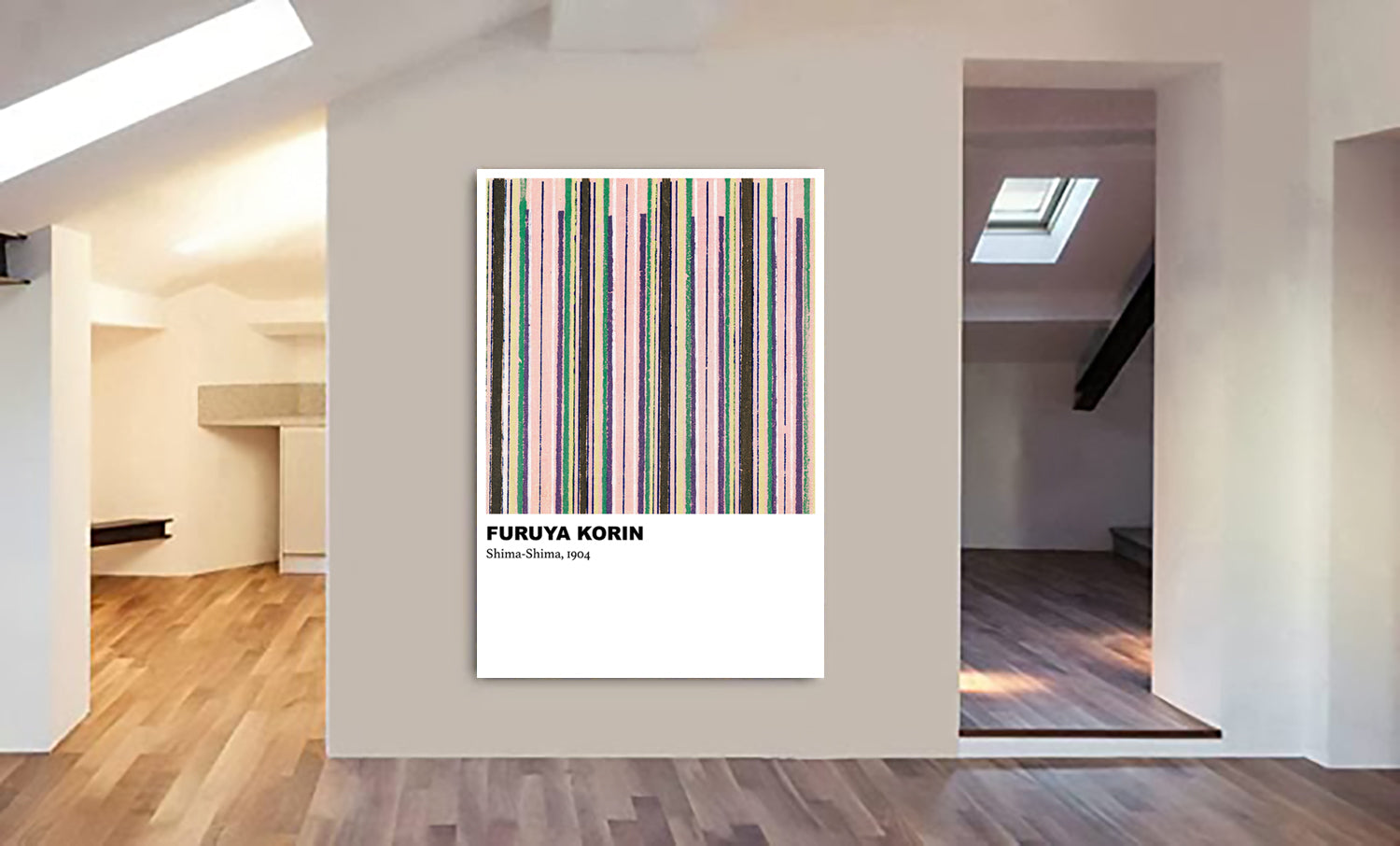 Shima-Shima Pink and Green Stripe Pattern by Furuya Korin (1904) - Abstract - Canvas Wall Art Framed Print - Various Sizes