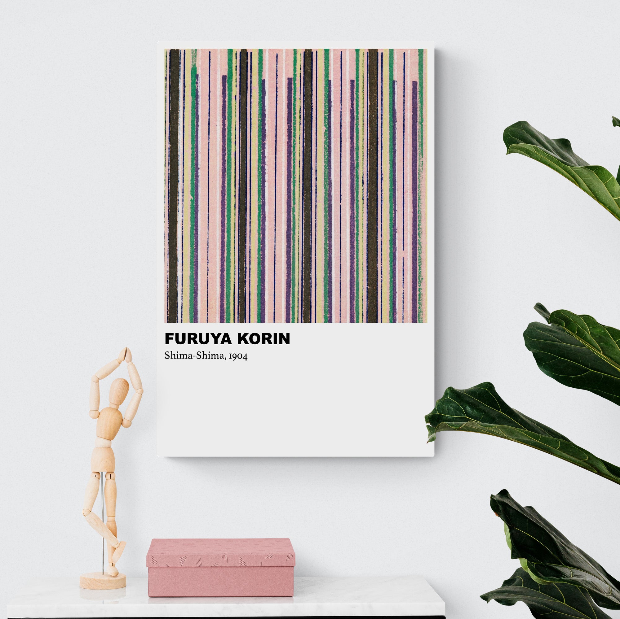 Shima-Shima Pink and Green Stripe Pattern by Furuya Korin (1904) - Abstract - Canvas Wall Art Framed Print - Various Sizes