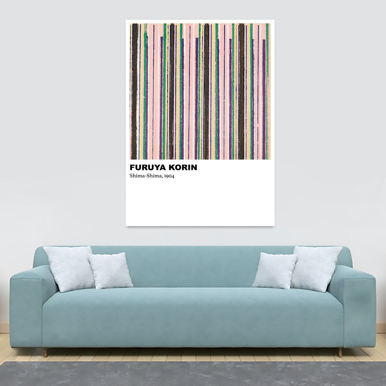 Shima-Shima Pink and Green Stripe Pattern by Furuya Korin (1904) - Abstract - Canvas Wall Art Framed Print - Various Sizes
