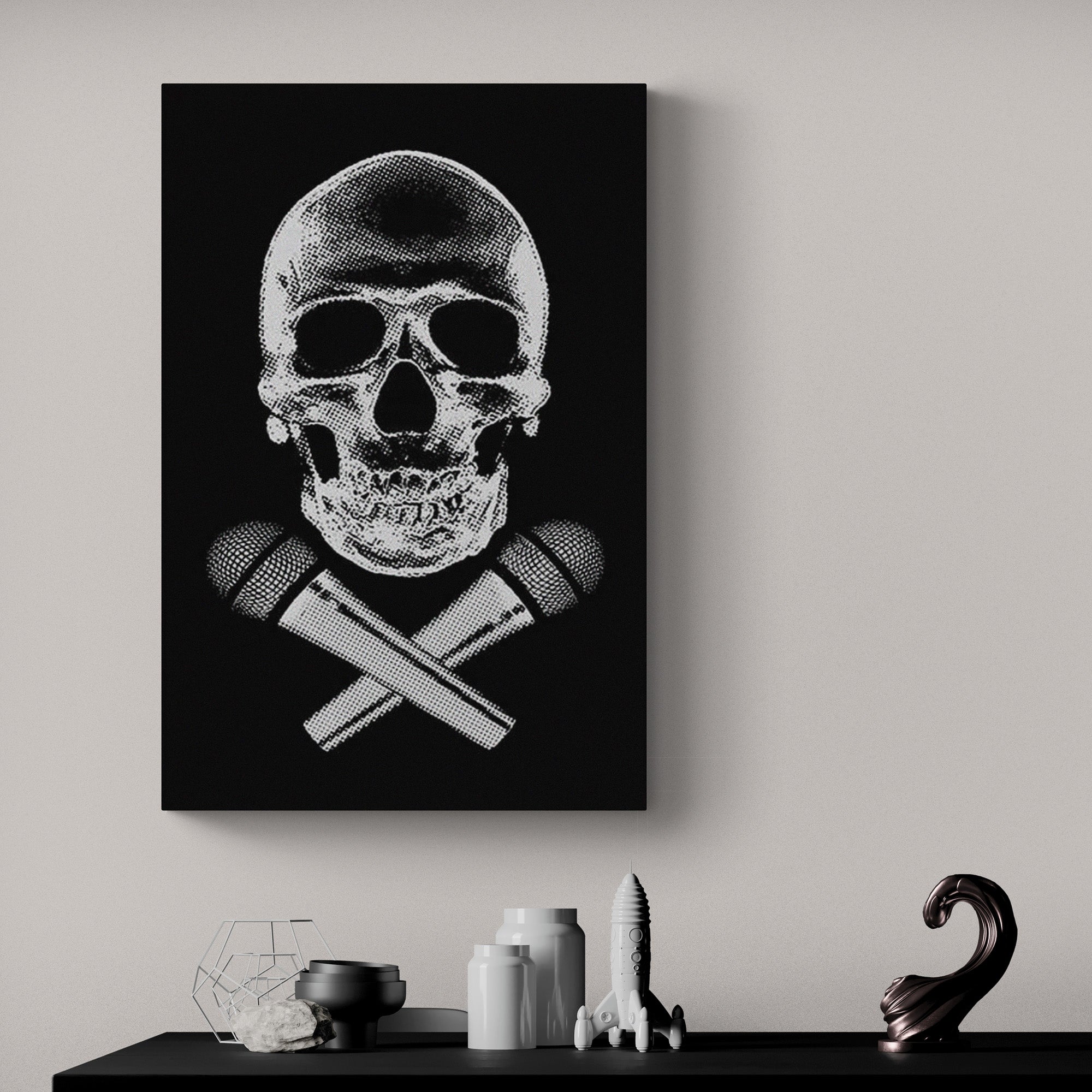 Skull and Crossed Microphones MC - Canvas Wall Art Framed Print - Various Sizes