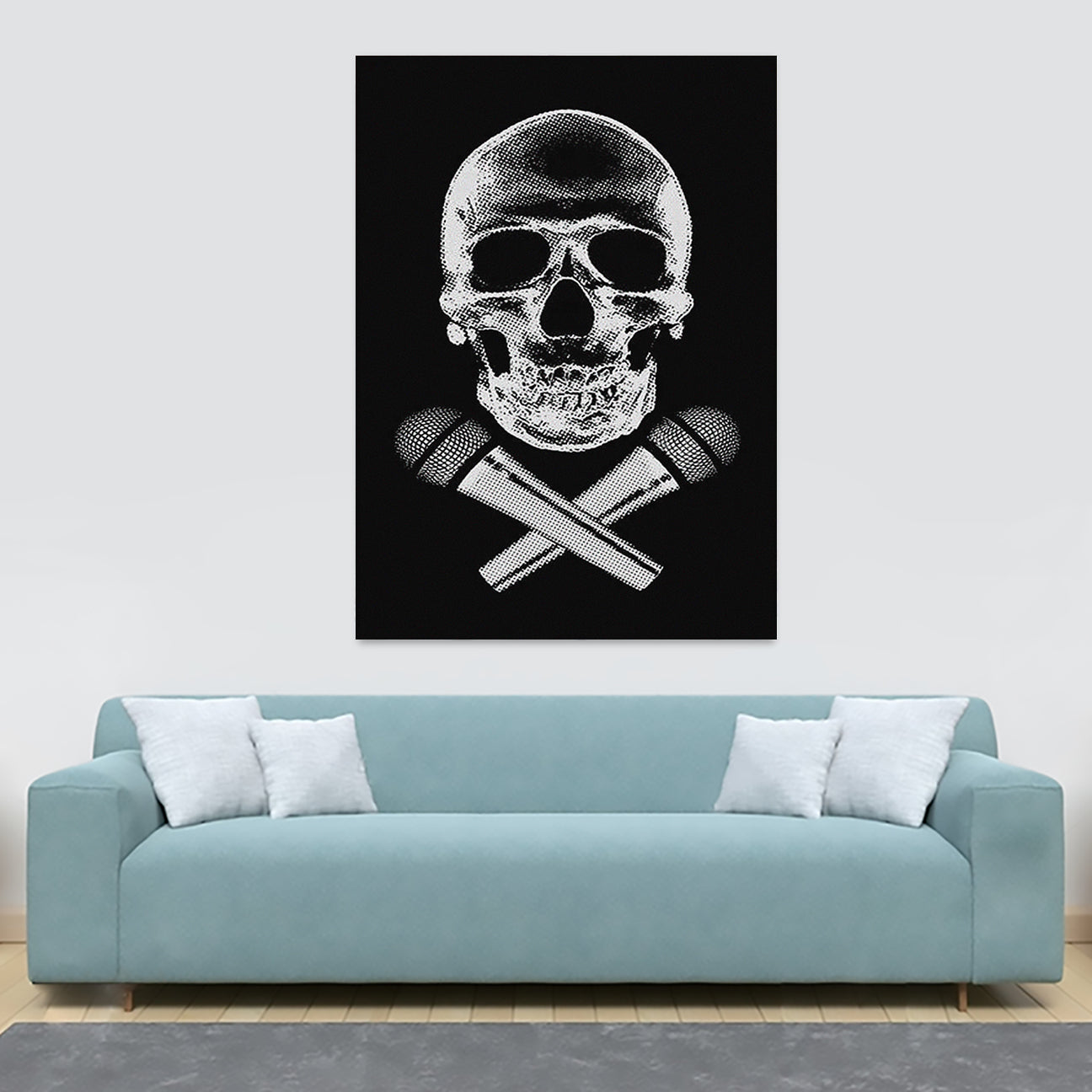 Skull and Crossed Microphones MC - Canvas Wall Art Framed Print - Various Sizes