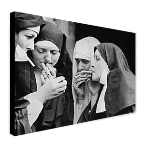 Smoking Nuns Funny Wall Art Vintage - Canvas Wall Art Framed Print - Various Sizes