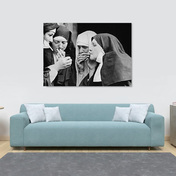 Smoking Nuns Funny Wall Art Vintage - Canvas Wall Art Framed Print - Various Sizes
