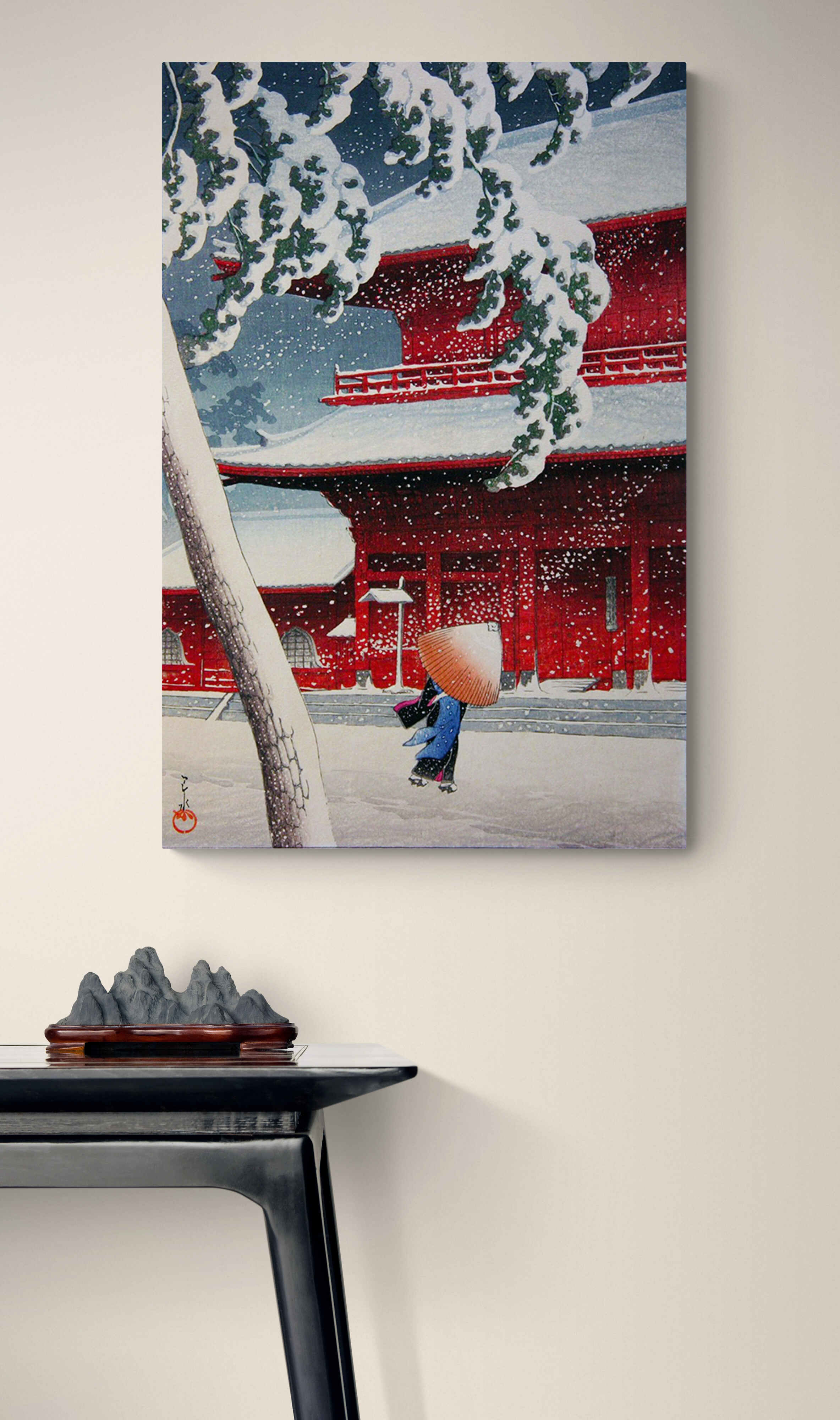 Snow Storm Japanese Art by Kawase Hasui - Canvas Wall Art Framed Print - Various Sizes
