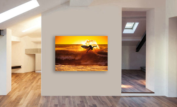 Surfer Sunset Big Wave Surf - Canvas Wall Art Framed Print. Various Sizes