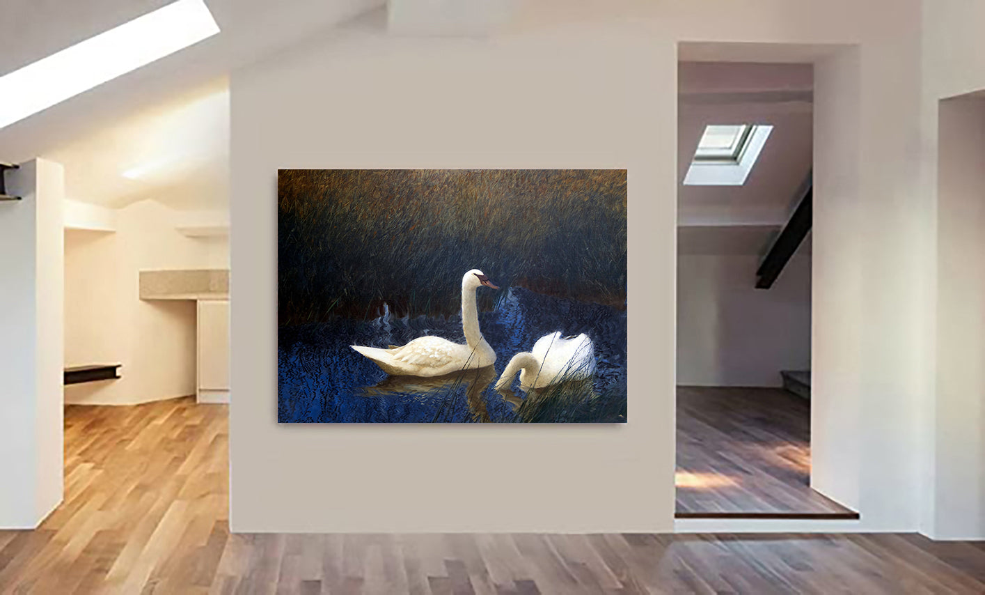 Swans in Reeds (1907) by Bruno Liljefors - Canvas Wall Art Framed  Print - Various Sizes