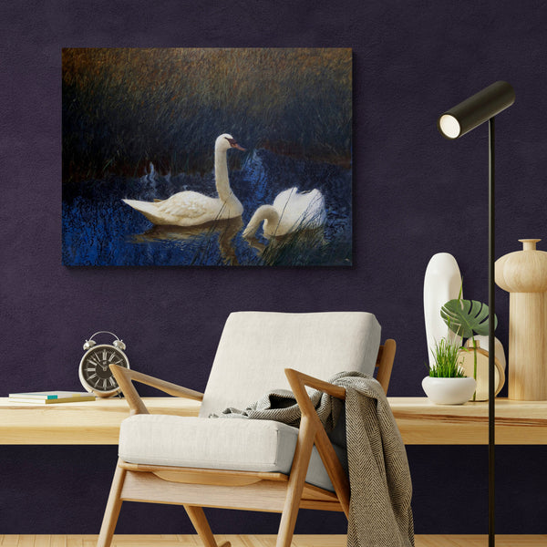 Swans in Reeds (1907) by Bruno Liljefors - Canvas Wall Art Framed  Print - Various Sizes