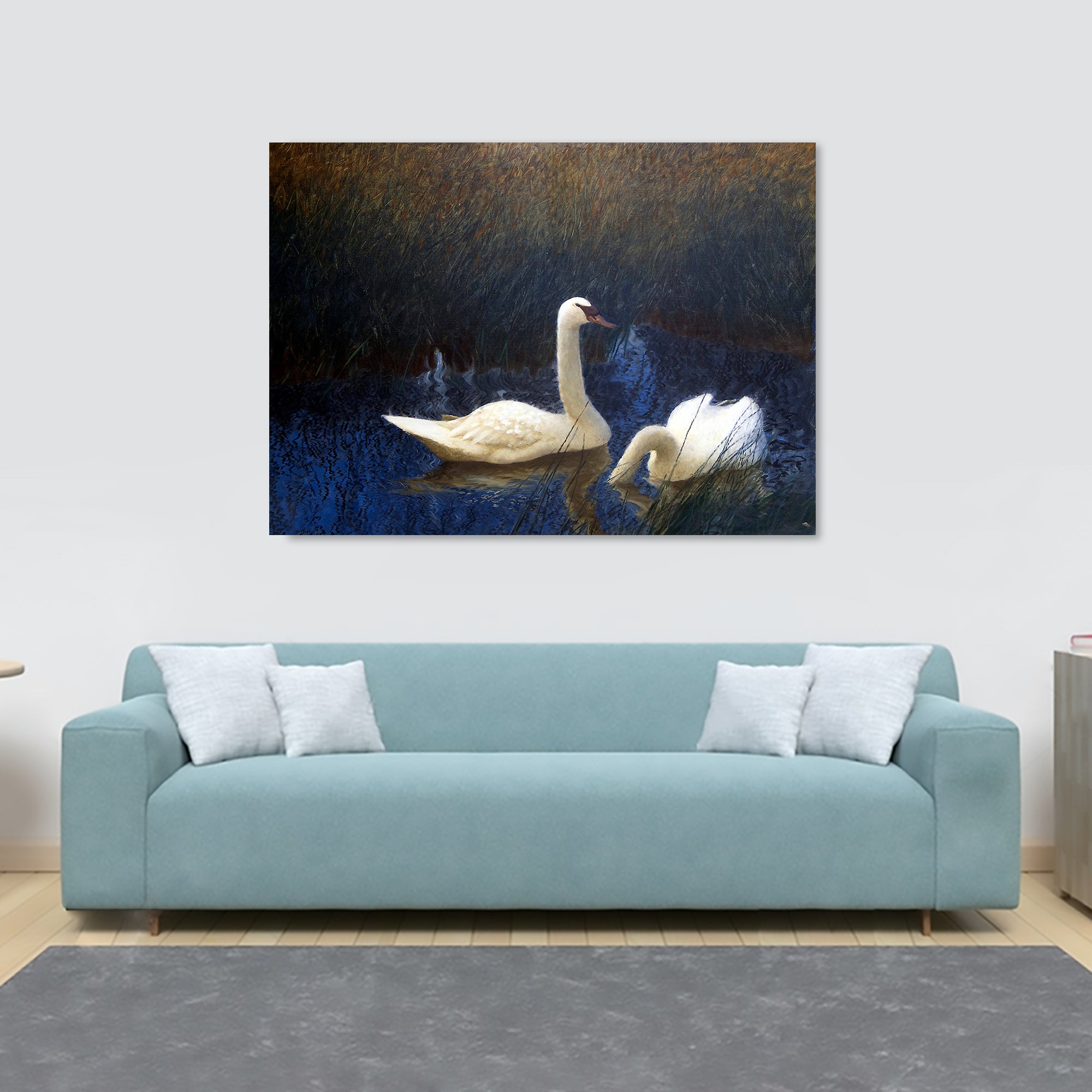Swans in Reeds (1907) by Bruno Liljefors - Canvas Wall Art Framed  Print - Various Sizes