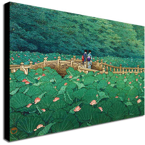 The Pond at Benten Shrine in Shiba- Japanese Art by Kawase Hasui - Canvas Wall Art Framed Print - Various Sizes