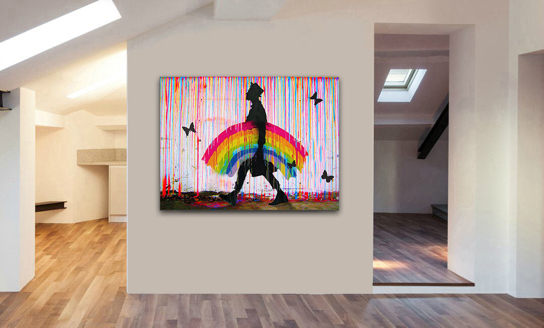 The Rainbow Man - Banksy Style - Canvas Wall Art Framed Print - Various Sizes