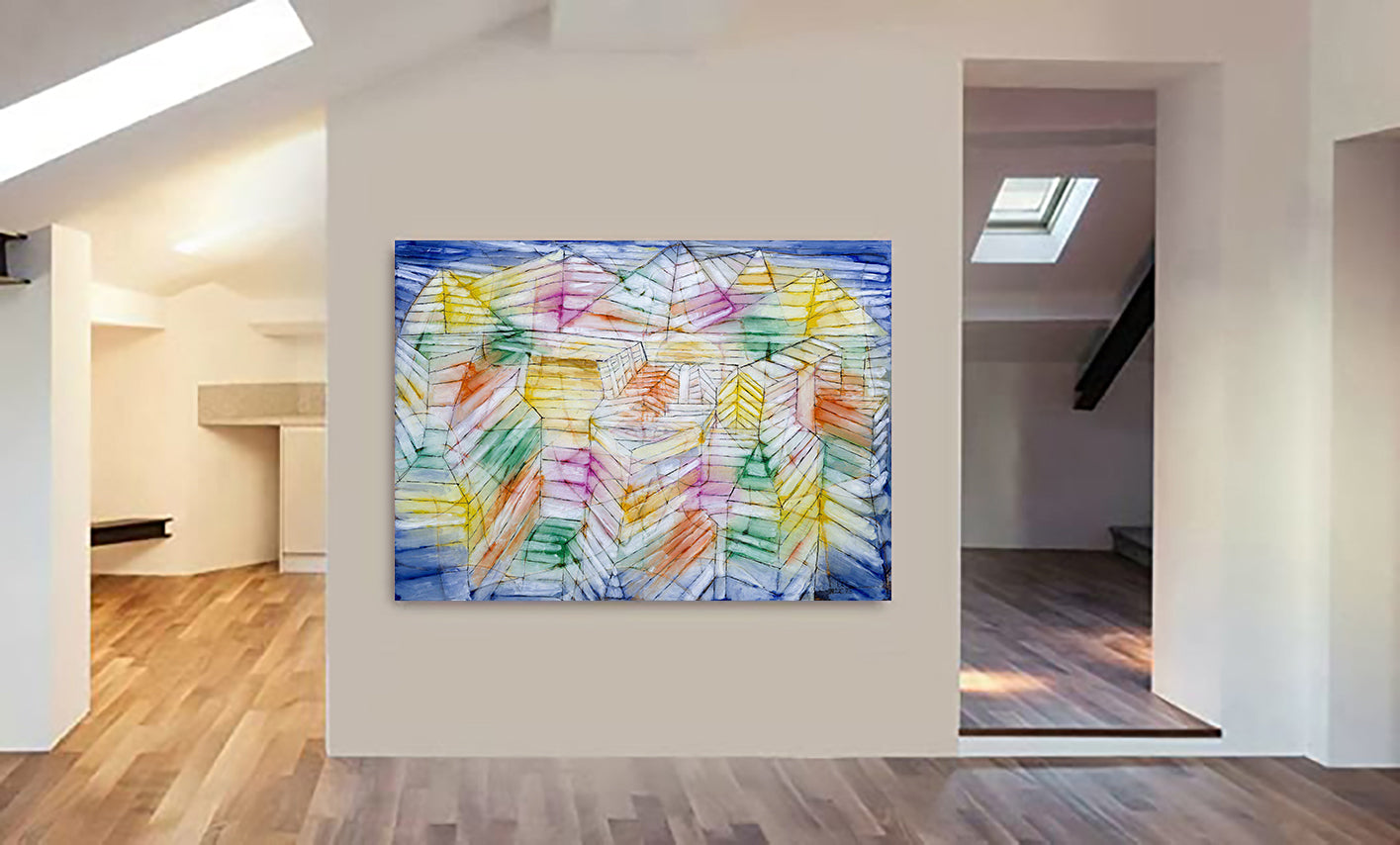 Theater Mountain Construction Abstract Art by Paul Klee - Canvas Wall Art Framed Print - Various Sizes
