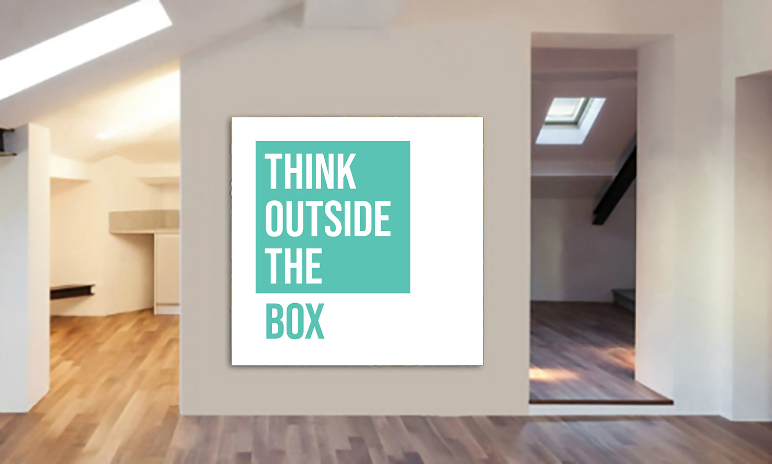 Think Outside the Box turquoise - Typographic Art - Canvas Wall Art Framed Print - Various Sizes