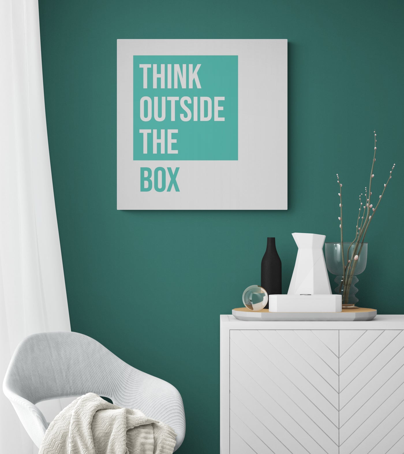 Think Outside the Box turquoise - Typographic Art - Canvas Wall Art Framed Print - Various Sizes