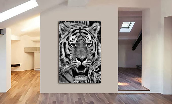 Tigers Head - Monochrome - Canvas Wall Art Framed Print - Various Sizes