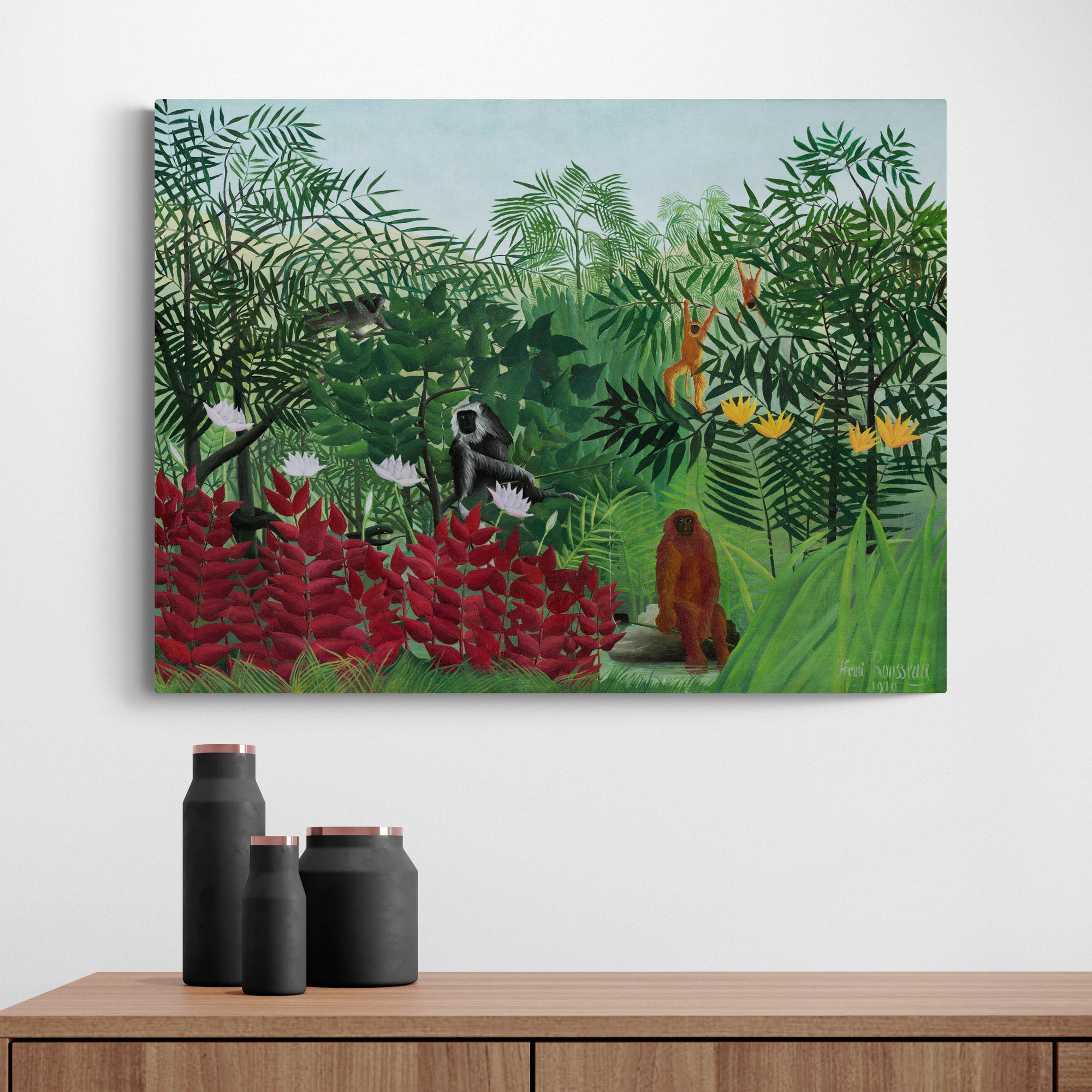Tropical Forest with Monkeys by Henri Rousseau - Canvas Wall Art Framed Print - Various Sizes