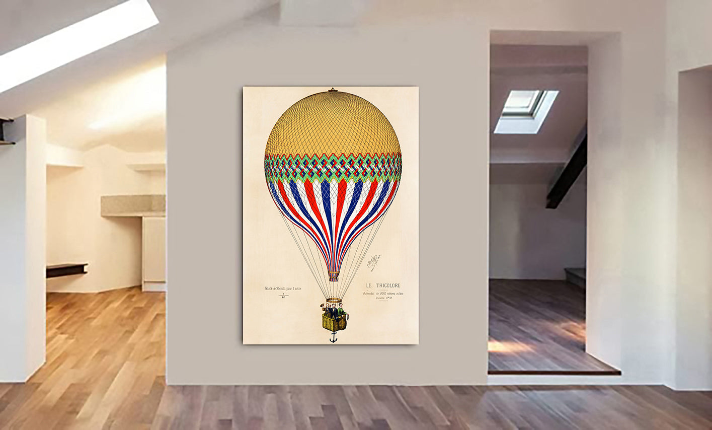 Vintage Hot Air Balloon Art - The Tricolor With French Flag Paris, 1874 - Canvas Wall Art Framed Print - Various Sizes