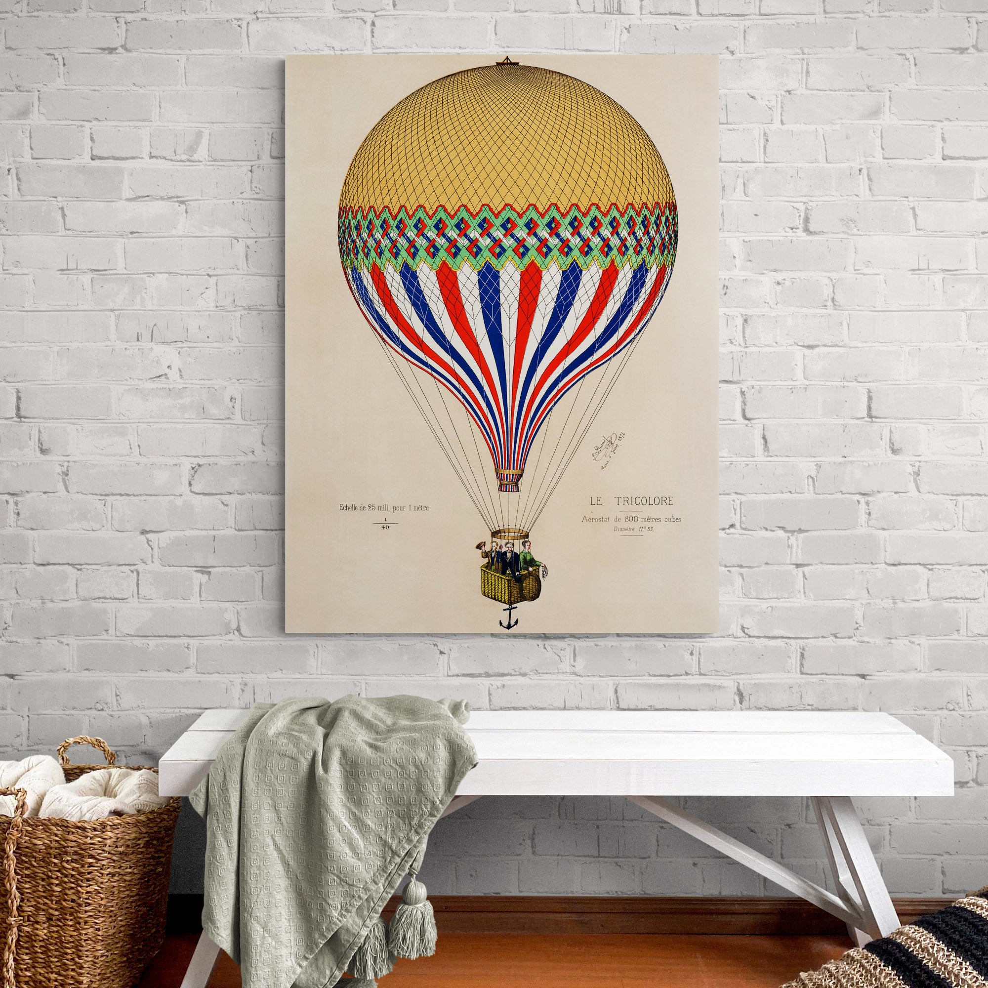 Vintage Hot Air Balloon Art - The Tricolor With French Flag Paris, 1874 - Canvas Wall Art Framed Print - Various Sizes