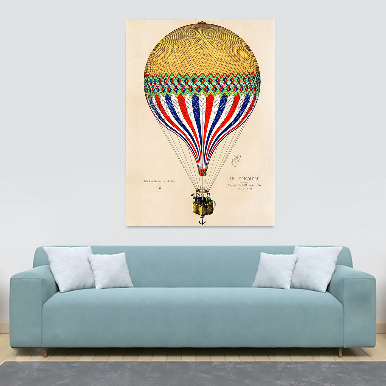 Vintage Hot Air Balloon Art - The Tricolor With French Flag Paris, 1874 - Canvas Wall Art Framed Print - Various Sizes