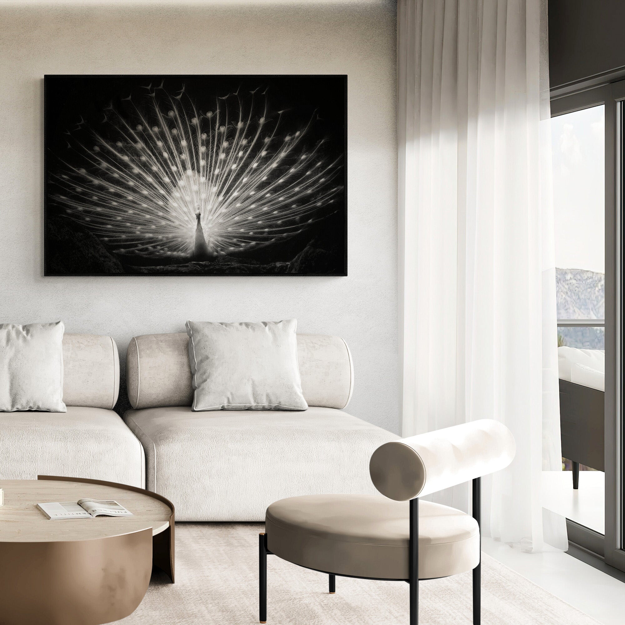 White Peacock - Black and White - Modern Wall Art - Canvas Wall Art Framed Print - Various Sizes