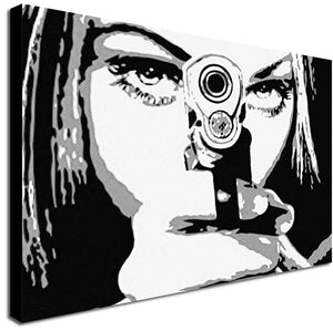 Woman with Gun Take Aim Down the Barrel - Canvas Wall Art Framed Print - Various Sizes