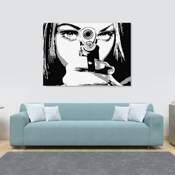 Woman with Gun Take Aim Down the Barrel - Canvas Wall Art Framed Print - Various Sizes