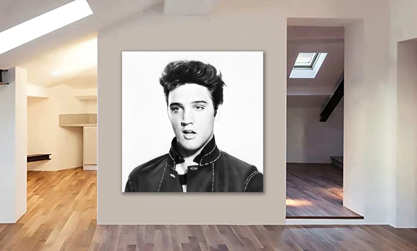 Young Elvis Presley - Black and White Photo - Square - Framed Canvas Wall Art Print - Various Sizes