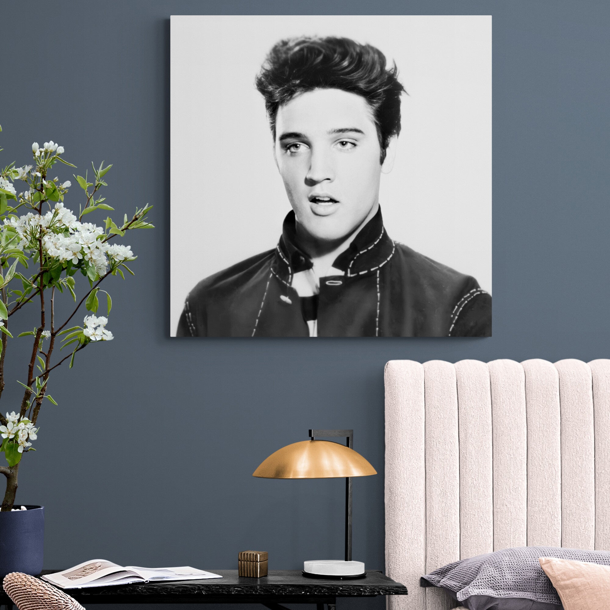 Young Elvis Presley - Black and White Photo - Square - Framed Canvas Wall Art Print - Various Sizes