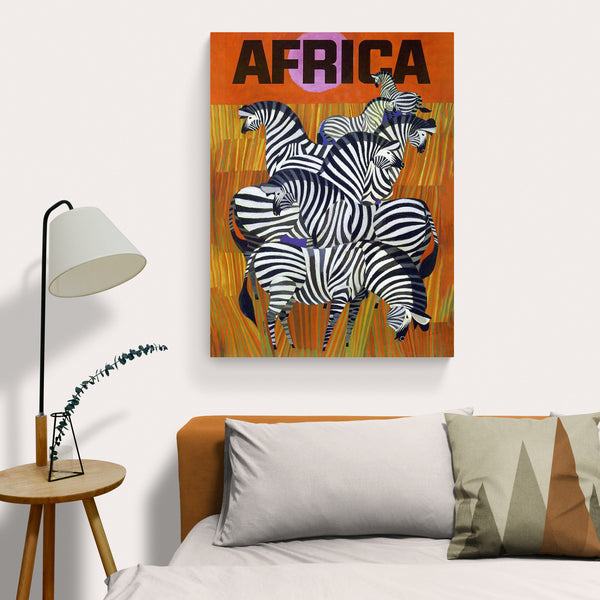 Zebras - Africa Vintage Travel Art - Canvas Wall Art Framed Print - Various Sizes
