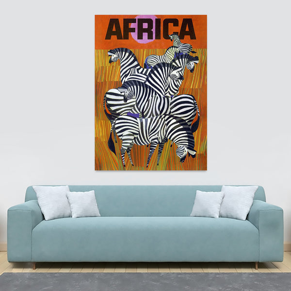 Zebras - Africa Vintage Travel Art - Canvas Wall Art Framed Print - Various Sizes