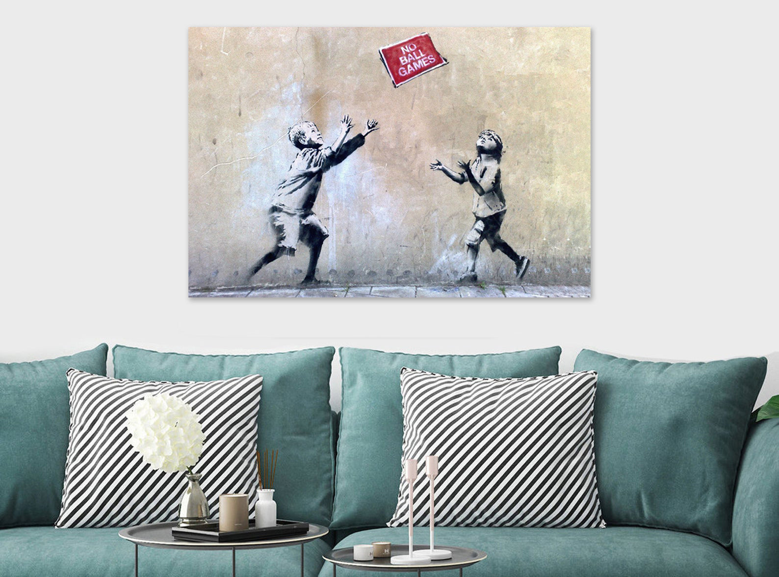 BANKSY Street Art - No Ball Games - Graffiti - Canvas Wall Art Framed Print - Various Sizes