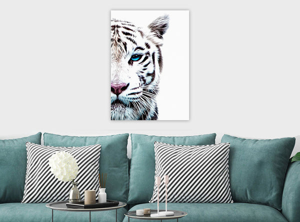Blue Eyed White Tiger - Canvas Wall Art Framed Print - Various Sizes
