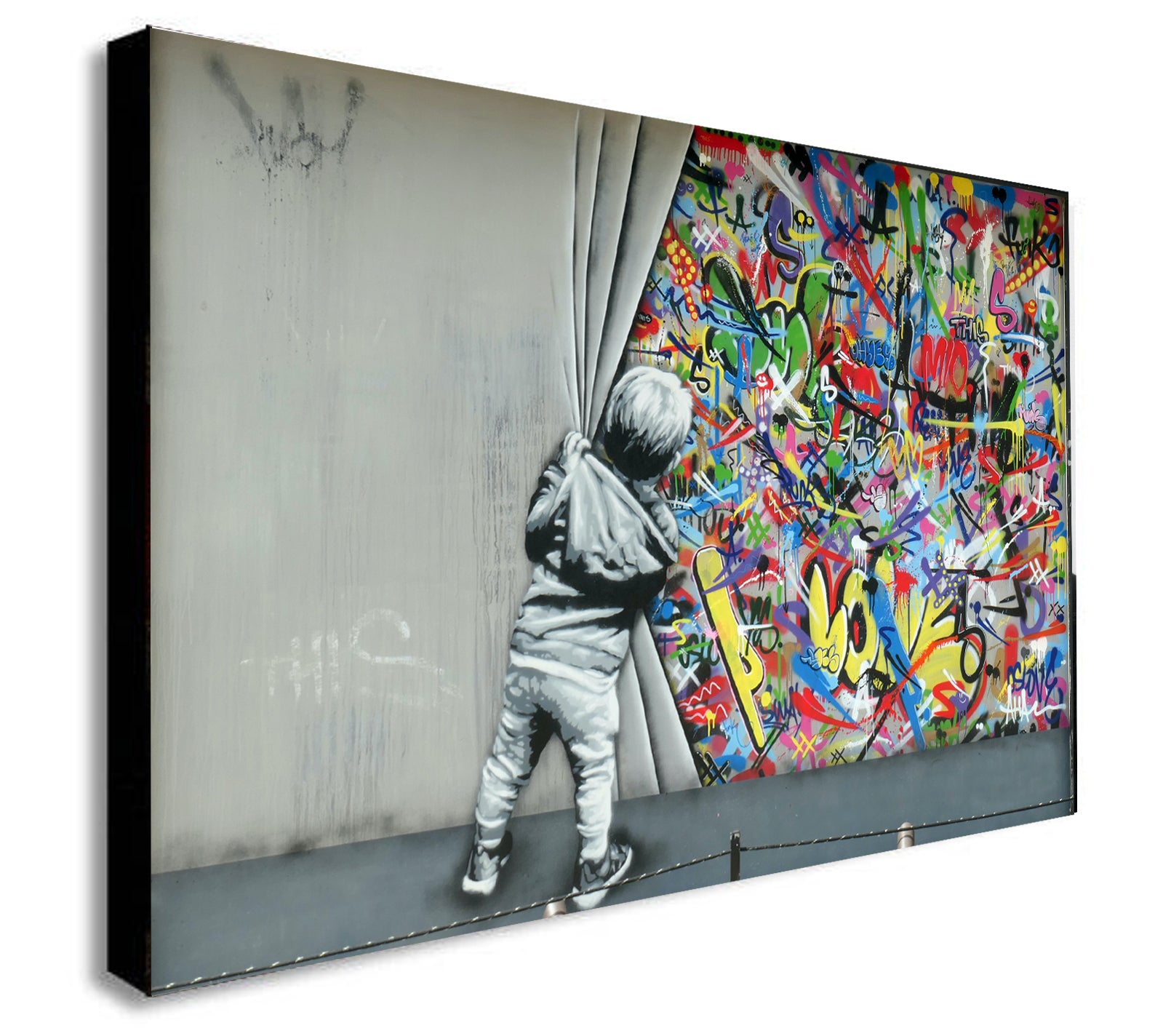 Banksy Style - Little Boy - Pulls Curtain - Graffiti - Canvas Framed Wall Art Print - Various sizes