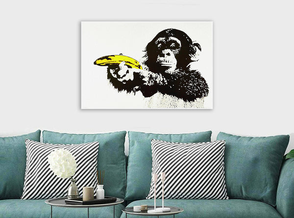 Banksy Chimp Banana Gun - Canvas Wall Art Framed Print- Various Sizes