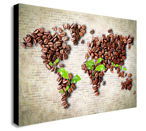 Coffee Beans World Map - Canvas Wall Art Framed Print. Various Sizes