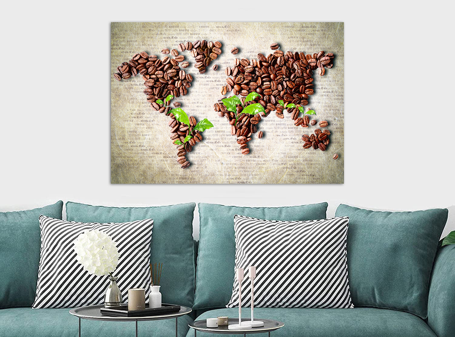 Coffee Beans World Map - Canvas Wall Art Framed Print. Various Sizes