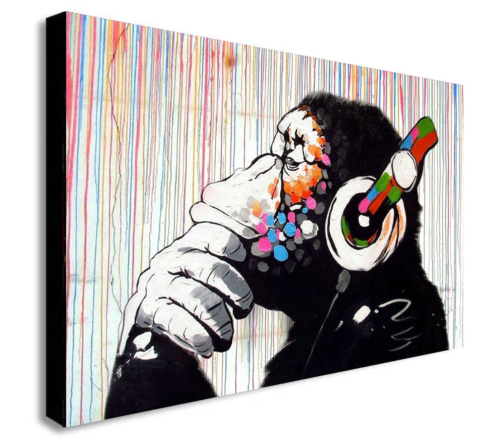 Banksy - DJ Monkey Gorilla Chimp - Rainbow Rain - Canvas Framed Wall Art Print - Various sizes
